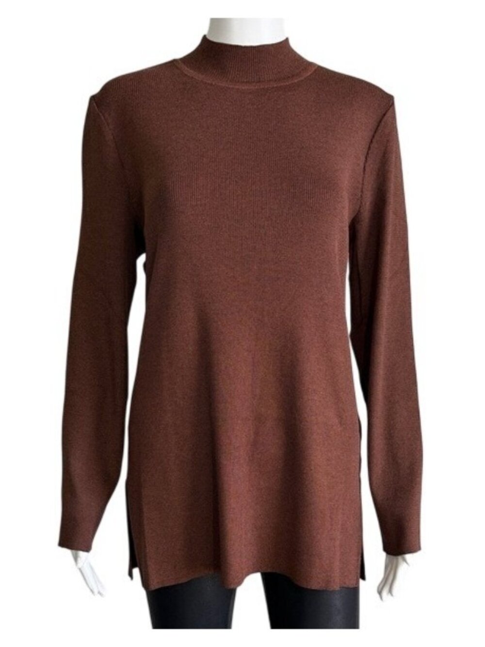 Ming Wang Rust Mock Neck Knit Tunic Sweater Side Slit Long Sleeve Large NWT